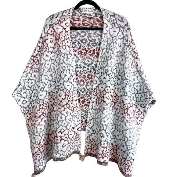 Knox Rose Sweaters - Knox Rose Poncho Cape Cardigan Sweater Tassel Boho Neutral Floral 2XL